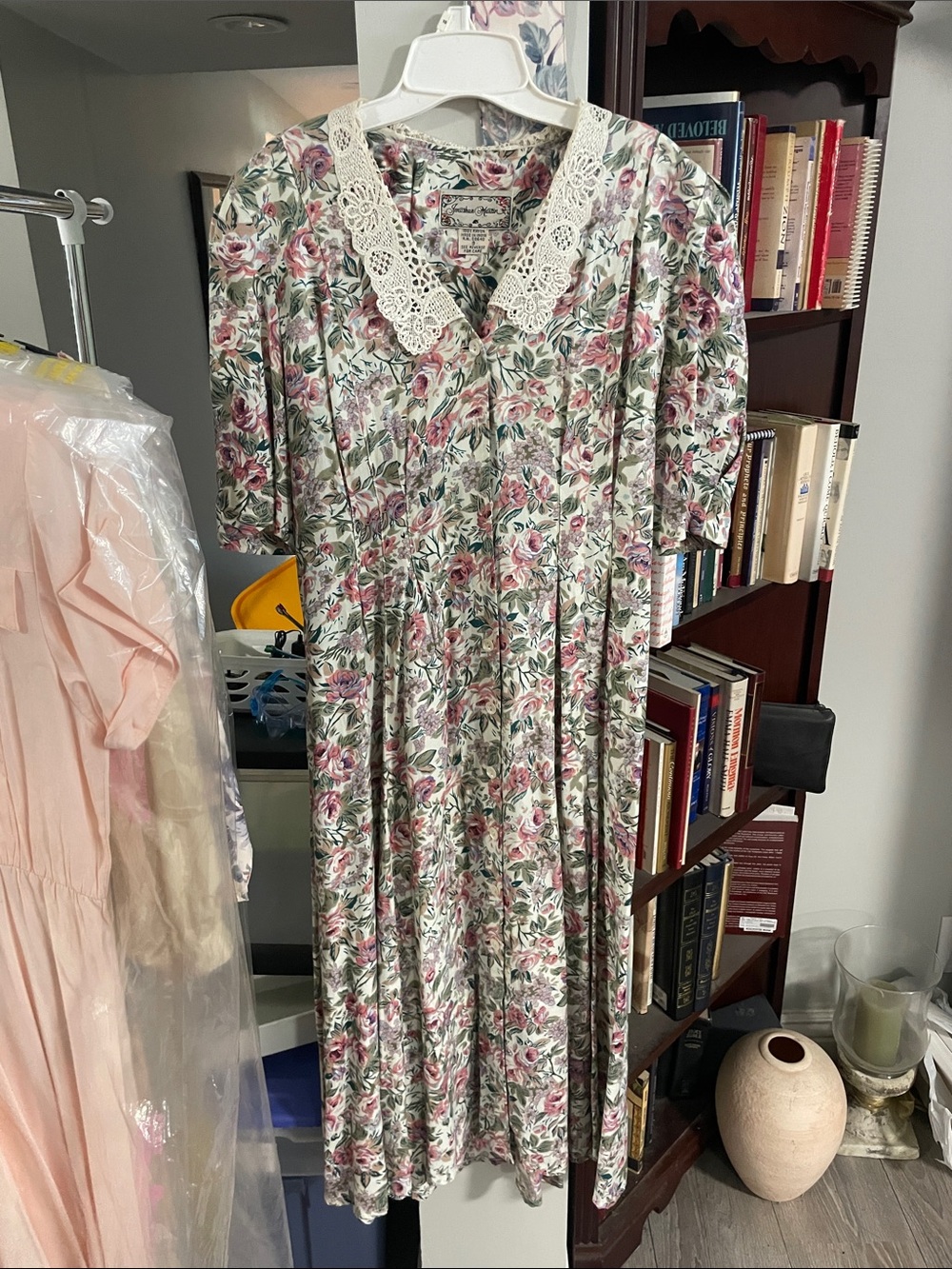 jonathan martin Cream Floral Midi Dress with Pink and Green Roses